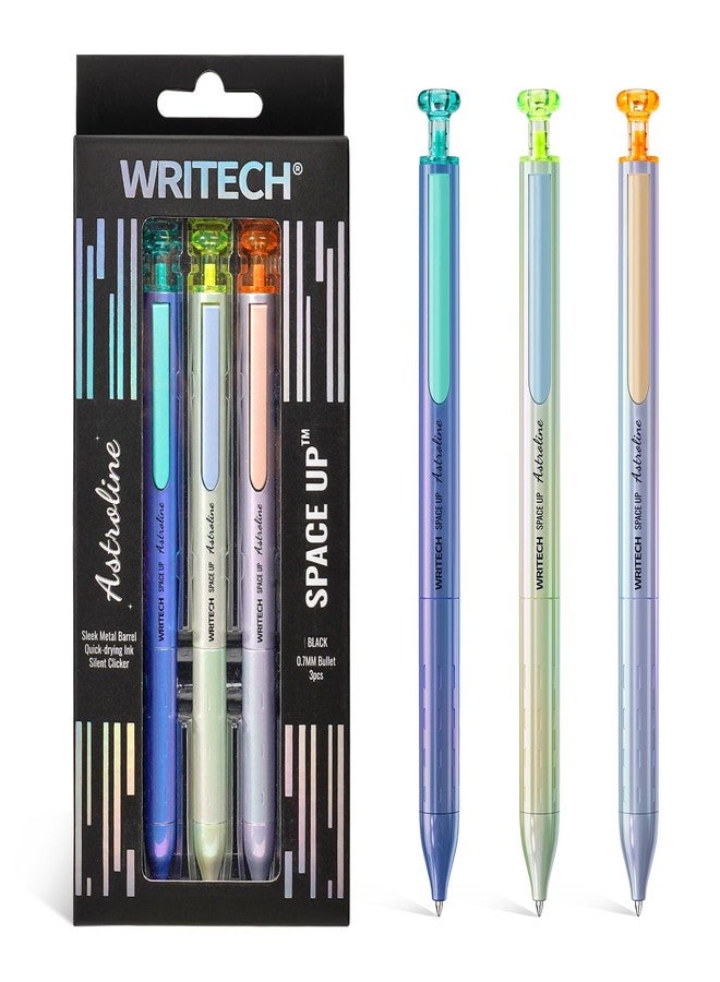 WRITECH Gel Pens Black Ink: Sleek Metal Barrel Pen Fine Point 0.7mm Retractable 3ct No Smear Quick Dry Smooth Writing Silent Clicker Space Up Astroline - Image 1